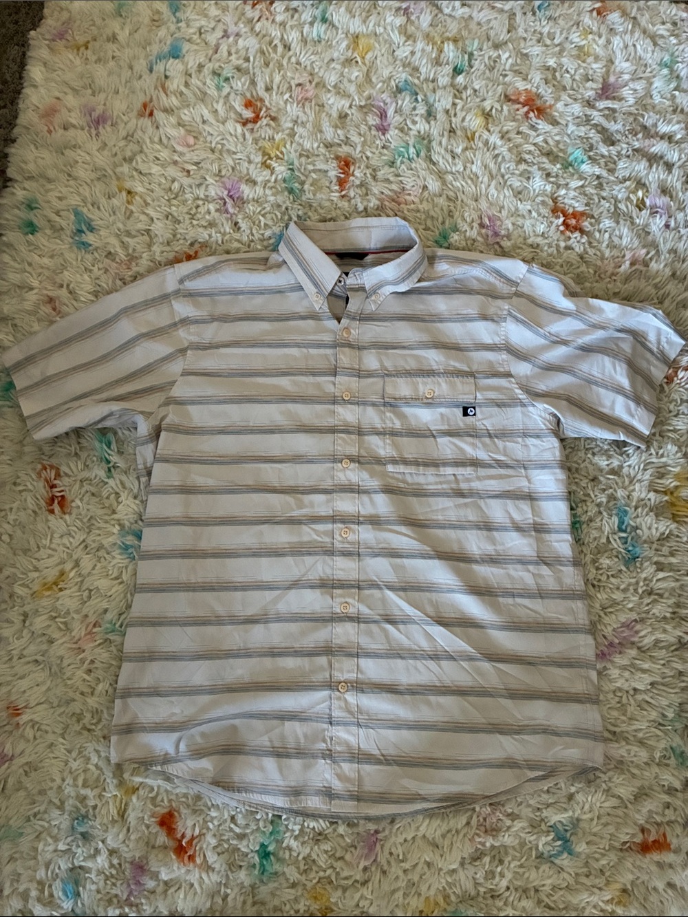Marmot Short-Sleeve Button-Down Shirt in Light Gray and White Stripes